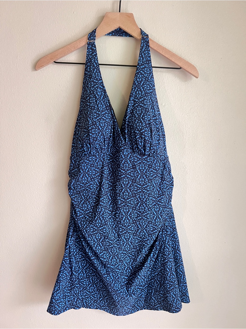 L.L. Bean Navy and Light Blue Women's Shaping Swimwear Halter Dress Size 12 Long